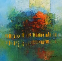 Saeed Kureshi, Autumn Night, 24 x 24 Inch, Oil on Canvas, Abstract Painting, AC-SAKUR-010
